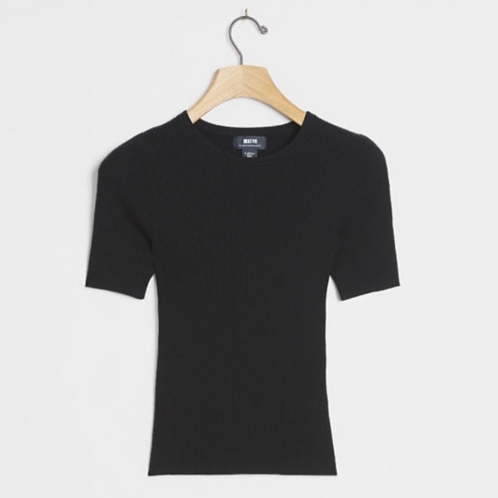 NWT Anthropologie Maeve Josefa Ribbed Short Sleeve Sweater Tee Black